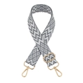 Macro detail of geometric grey and white woven bag strap with golden metal buckle - Silver Clasp / Gray