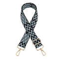 Detail view of adjustable geometric blue and black canvas shoulder strap with gold metal hooks - Lake Blue