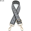 Detail of black and white geometric diamond jacquard bag strap with gold metal swivel hooks - Silver Clasp / Black Gray Rhombus (M-25)