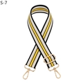 Close-up of adjustable striped canvas bag strap with golden metal carabiner hooks - Yellow Stripe (Gold Buckle)