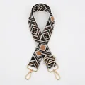 Detail of adjustable woven bag strap with black, white, and brown diamond geometric patterns - Style 10 Black Diamond Silver Buckle