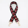 Close-up of red and black diamond pattern bag strap with gold metal buckles and adjuster - No.11 Black Red Silver Buckle