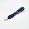 Detail of woven bag strap with blue green wave pattern and golden metal lobster clasp - Blue