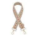 Detail view of woven geometric bag strap with gold metal lobster clasps and buckles - Gunmetal Buckle / Beige Green Orange Pattern (V-3)