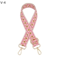 Detail of adjustable geometric woven strap with pink patterns and gold metal hooks - Gunmetal Buckle / Beige Pink Brown Triangle (V-4)