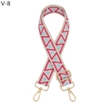 Close-up of adjustable ethnic geometric pattern handbag strap with gold metal hooks - Gunmetal Buckle / Beige Pink Blue Embroidery (V-8)