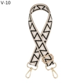Close-up of ethnic geometric woven strap with golden lobster clasps and metal hardware - Gunmetal Buckle / Beige Black White Triangle (V-10)