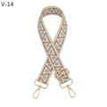 Detail of adjustable woven bag strap with geometric jacquard pattern and gold hooks - Gunmetal Buckle / Beige Green Brown Jacquard (V-14)