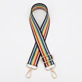 Dettaglio della tracolla arcobaleno con moschettoni in metallo dorato lucido e regolabili - Stile 18 Arcobaleno a Strisce Nere Fibbia Dorata