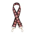 Detail eines Handtaschenriemens mit Vintage-Blumendruck und verstellbaren goldfarbenen Karabinern - Schwarz Fleisch Pink Blumen (Goldene Schnalle)