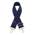 Detail of blue and black geometric diamond jacquard bag strap with gold metal hooks - Silver Clasp / Blue and Black Geometric Jacquard (X-7)