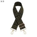 Detail view of olive green geometric jacquard bag strap with gold metal swiveling clasps - Silver Clasp / Black and Green Geometric Wave (X-9)