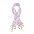Detail view of purple and white diamond pattern jacquard bag strap with gold metal hooks - Silver Clasp / Purple and White Geometric Wave (X-12)