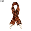 Detail of adjustable geometric jacquard bag strap with gold metal hooks and orange pattern - Silver Clasp / Black and Orange Geometric Diamond (X-29)