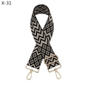 Detail view of jacquard woven geometric patterns on adjustable wide bag strap with gold hooks - Silver Clasp / Black and Beige Geometric Diamond (X-31)