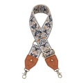 Detail eines verstellbaren Boho-Jacquard-Taschengurts mit Leder und Bronzeteilen - Blau Orange Jacquard Vintage Stickerei (Q9)