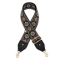 Close-up of floral embroidery on black guitar strap style bag handle with gold hardware - Grey Orange Floral Pattern On Black (k10)