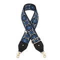 Adjustable floral embroidery shoulder strap with gold metal hooks and leather ends - Blue White Floral Pattern On Black (k9)