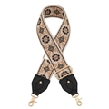 Close-up of floral geometric woven bag strap with golden metal clasps and black leather ends - Beige Brown Floral Pattern (k5)