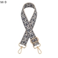 Detail of blue geometric woven strap with gold metal hooks and adjustable buckle - M-9 Khaki Blue Silver Buckle