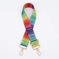 Close-up of rainbow striped polyester bag strap with golden metal swivel hooks and slider - No.68 Colorful Horizontal Stripes (Silver Buckle)