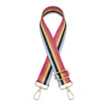 Detail view of adjustable rainbow striped nylon bag strap with gold metal lobster clasps - No.69 Retro Rainbow (Silver Buckle)