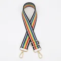 Detail of colorful rainbow striped bag strap with premium gold metal hooks and buckle - No.74 Black Vertical Rainbow Stripes (Silver Buckle)