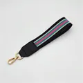 Detail of woven wrist strap in pink and green with a gold lobster clasp and leather trim - No.1 Black Pink Stripe