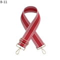 Close-up of adjustable wine red polyester bag strap with white stripes and gold buckles - Red (B-11)