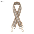 Close-up of adjustable woven shoulder strap with brown geometric patterns and gold metal hooks - Khaki Gray (A-11)