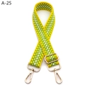 Detail of adjustable yellow and green geometric woven strap with golden metal hooks - Fluorescent Green (A-25)