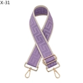 Detail view of purple jacquard geometric bag strap with polished light gold hooks - Purple with Beige Edge (X-31)