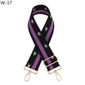Close-up of ethnic style wide strap with silver star prints and golden metal hooks - W-17 Black Purple Star / Silver Clasp