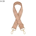 Detail view of woven bohemian geometric strap with gold metal hooks and adjustable buckle - Light Brown (A-16)