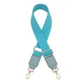 Close-up of adjustable lake blue nylon bag strap with gold metal buckle and leather ends - Silver Clasp / Sky Blue + Light Blue
