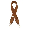 Close-up of brown woven bag strap with adjustable gold buckle and rotating metal hooks - Camel