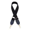 Close-up of black woven adjustable strap with blue leather ends and gold metal hooks - Navy Blue