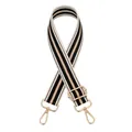 Dettaglio tracolla regolabile a righe bianco nero e beige con ganci in metallo oro - Striscia Nero Cachi (Fibbia Argentata)
