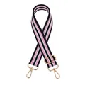 Detailed view of pink, white, and navy striped woven bag strap with gold metal hooks - Blue Pink Stripe (Silver Buckle)