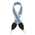 Close-up of adjustable fabric bag strap with blue stripe and gold metal snap hooks - Silver Clasp / Light Blue + Black Leather Trim