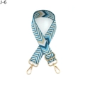 Close-up of colorful geometric V-pattern woven bag strap with golden metal lobster clasps - Teal