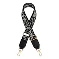 Detail view of adjustable jacquard bag strap with gold metal hooks and graffiti pattern - Black Gray Graffiti with Black Leather (No.7)