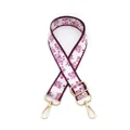 Close-up of wide floral print bag strap with pink flowers and gold metal swivel hooks - Purple Border Flower