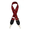 Detailansicht des rot-schwarzen Leopardenmuster-Taschenriemens mit Goldkarabinern - Silberverschluss / Schwarz-Rot Leopard