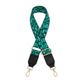 Detail of leopard print purse strap with gold thread weaving and black leather ends - Green + Black Leather Trim