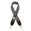 Close-up of leopard pattern woven bag strap with black leather ends and gold metal clips - Dark Grey + Black Leather