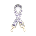 Close-up of snowflake pattern embroidery on adjustable bag strap with gold metal hooks - Gold Buckle / Purple