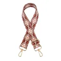 Close-up of geometric pattern strap with golden metal swivel hooks and adjustable buckle - Antique Brass Buckle / No. 7 Brown Rhombus