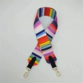 Detail of adjustable rainbow striped bag strap with gold metal hooks and black leather - Multi-color Rainbow Stripes
