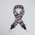 Detail of adjustable geometric ethnic pattern wide strap with gold metal swivel hooks - Ethnic Multi-color